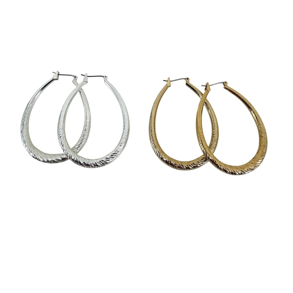 2 Pair Textured Teardrop Hoop Earrings Set Silver‎ and Gold Tone Large Oval